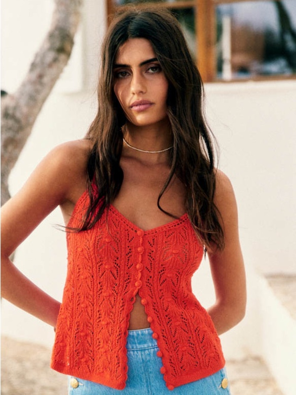 Sezane NWT Francisco Top in Red Tank Cami Crochet Buttons Open Knit Delicate